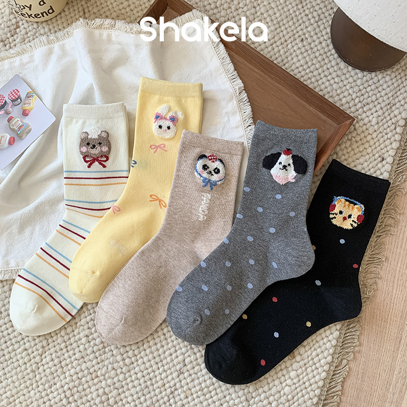 Autumn and Winter Casual Cartoon Mid-Calf Socks for Women, Cute Animal Flocking Socks, Versatile Sweet Girl Bow Polka Dots