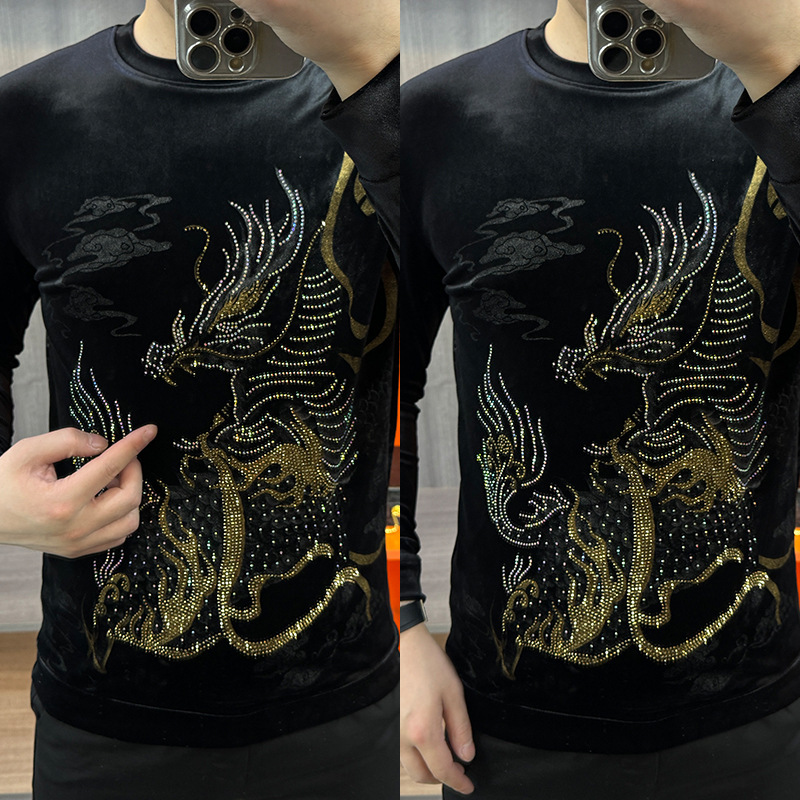 Light Luxury Fashion European Goods Men's Autumn New Gold Velvet Long Sleeve Round Neck Sweater Personalized Hot Drilling Casual Base Shirt