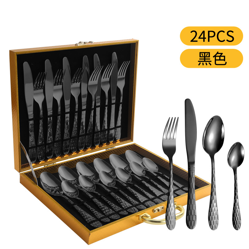 Cuchilleras de acero inoxidable 24 piezas de restaurante de hotel cuchillo y tenedor cucharas conjuntos conjuntos de caja de regalo de serie de cubo de agua transfronteriza