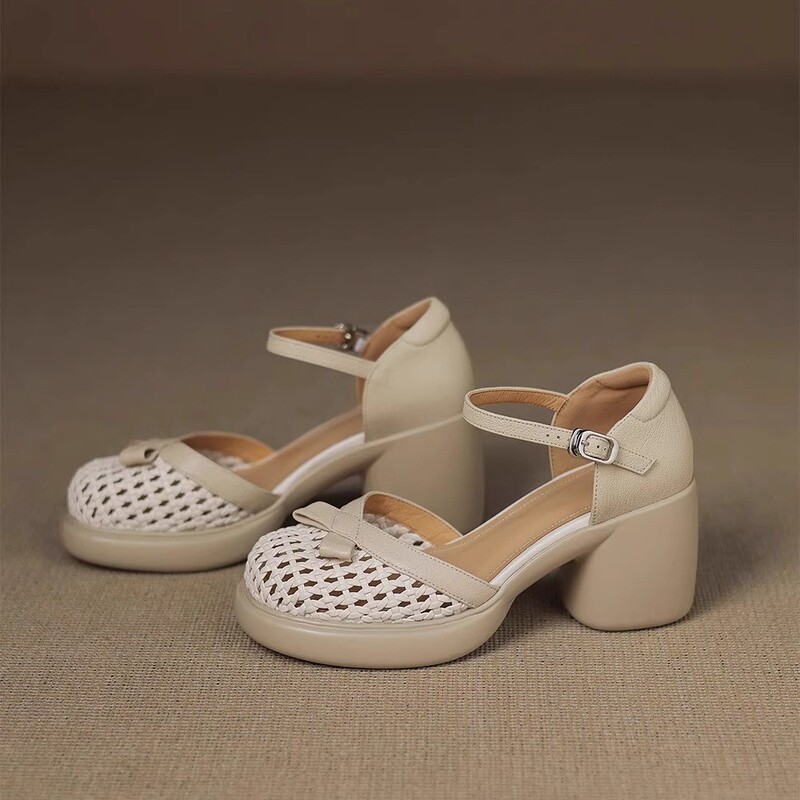 Genuine Leather Hollow-Out Shoes with Skirts, Chunky Heel Closed-Toe Sandals for Women, 2026 Summer New Versatile Thick-Soled Roman High Heels