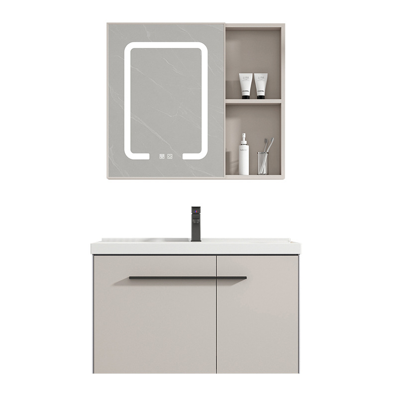 Combinación de gabinete de espejo de baño de estilo crema moderno minimalista espacio de aluminio a prueba de humedad tablero integrado de cerámica lavabo de lavado de manos gabinete colgante