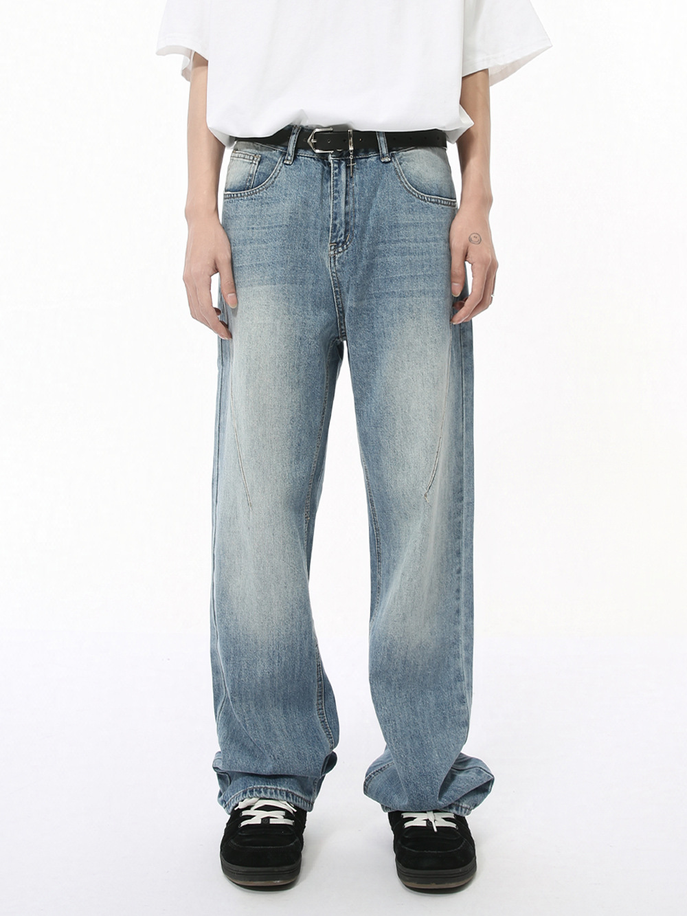 MTLCLOTHES Hombres| Otoño retro hacer viejos lavados molidos vaqueros blancos sueltos pantalones casuales de tope de piso