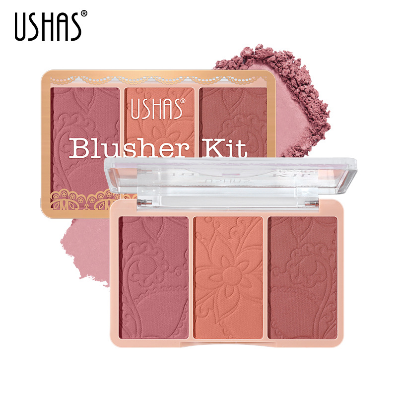 USHAS Amazon mezcla transfronteriza colorete degradado de tres colores plato de reparación de maquillaje desnudo natural rosa no es fácil de volar