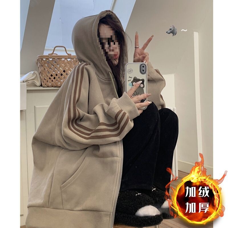 Mid-Length Sports Cardigan Tops, Lazy Style Autumn and Winter Zipper Thickened Jackets, Women's Hooded Sweatshirts, Plus Velvet and Loose