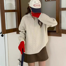 跨境休闲半拉链针织衫套头上衣女2025秋冬新款加厚宽松麻花毛衣