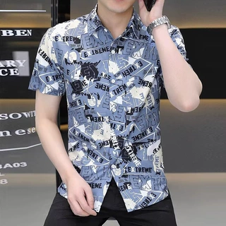 2025夏季男士短袖衬衫潮流修身个性印花冰丝衬衣潮牌男装T恤上衣