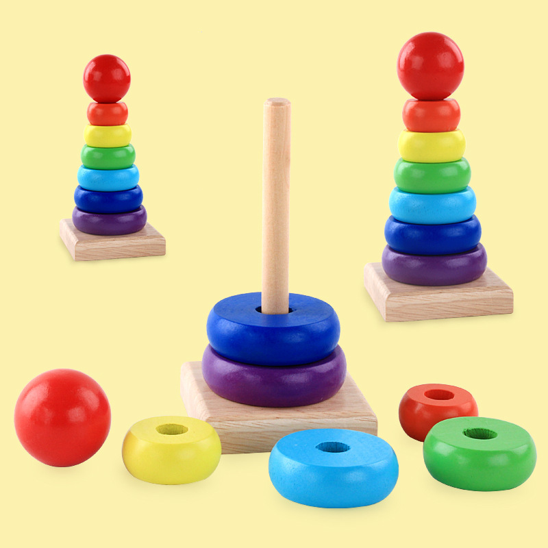 Wooden Rainbow Tower Stacked High Stacked Music Intelligence Tower Ring Wooden Building Blocks Meng Early Education Toys Factory Outlet