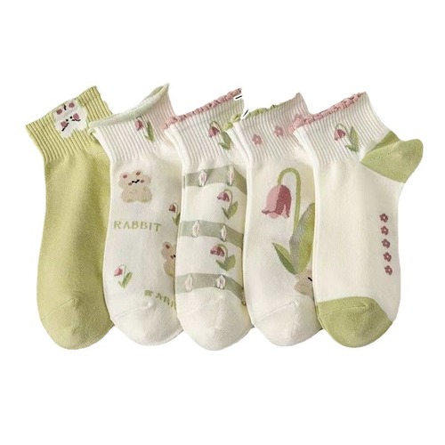 Japanese spring and summer green trendy sweet flowers cute women's thin socks short boat socks small fresh short socks for women