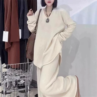 秋冬季日常慵懒风卷边针织套装女简约百搭休闲毛衣女阔腿裤两件套