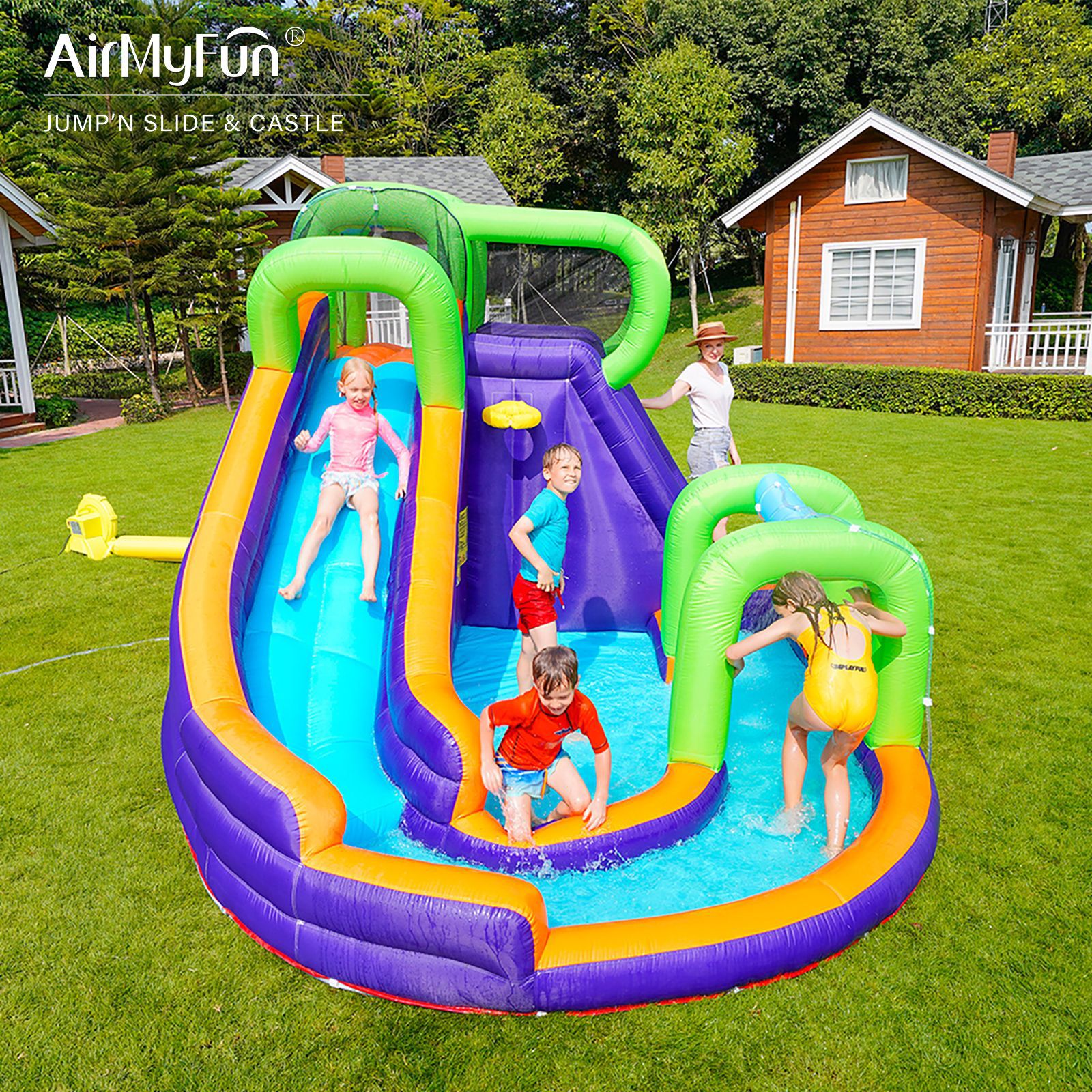 AMF | Castillo inflable con rociador de agua para el hogar, combinación de trampolín inflable, tobogán acuático interior para niños, castillo inflable pequeño antideslizante