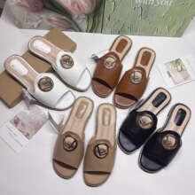 F家跨境新款夏季欧美金属圆扣拖鞋外穿大码网红平底女鞋slippers