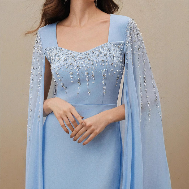 Cross-Border Foreign Trade European and American Women's Clothing High-End Luxury Beaded and Rhinestone Embellished Chiffon Dress in Stock