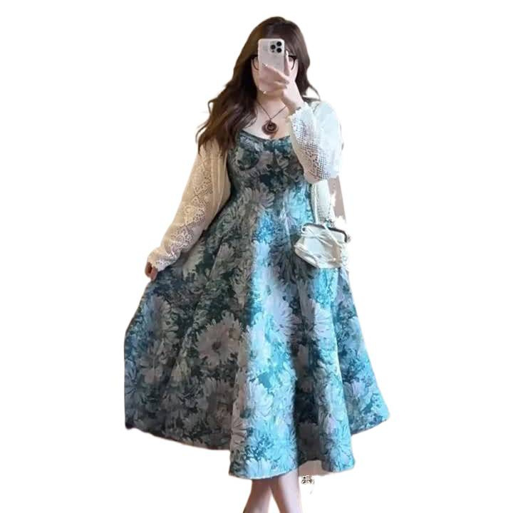 秋季套装女2025新款时尚开衫外套女搭配显瘦碎花吊带连衣裙两件套|undefined