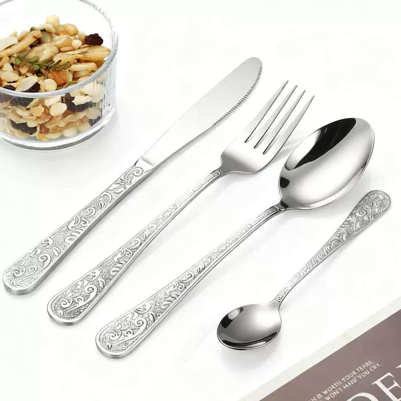 跨境1010不锈钢餐具套装浮雕凤凰系列刀叉勺复古花纹西餐牛排刀叉