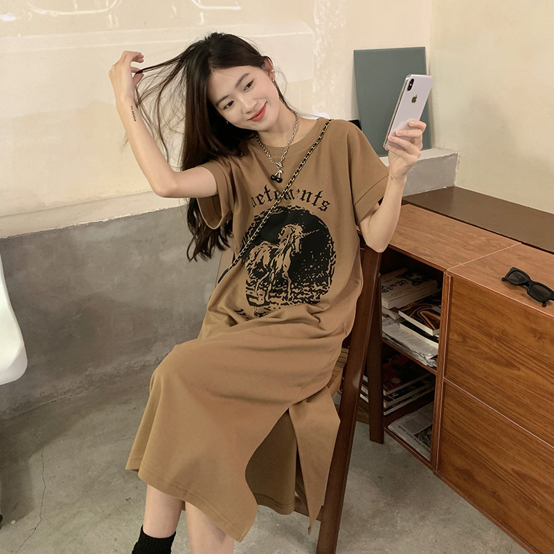 European large size skirt women's summer high-grade casual temperament straight casual T-shirt skirt loose split dress
