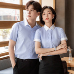 蓝色条纹衬衫女短袖韩版修身职业正装银行商务工装蓝白竖条纹衬衣