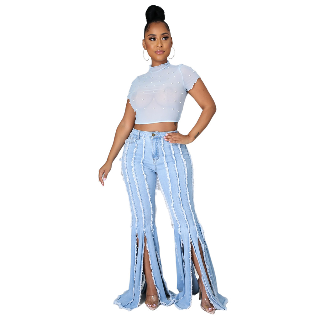 fashion wild fringed stretch denim flared pants wholesale women s clothing Nihaostyles NSSF68446