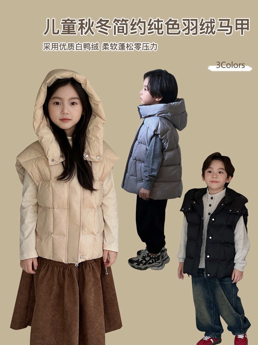 Hombres y niñas chaleco de pluma otoño y invierno 2024 nuevo tipo de niños, niños mayores, bebés encapuchados, chaqueta universal, ropa exterior caliente