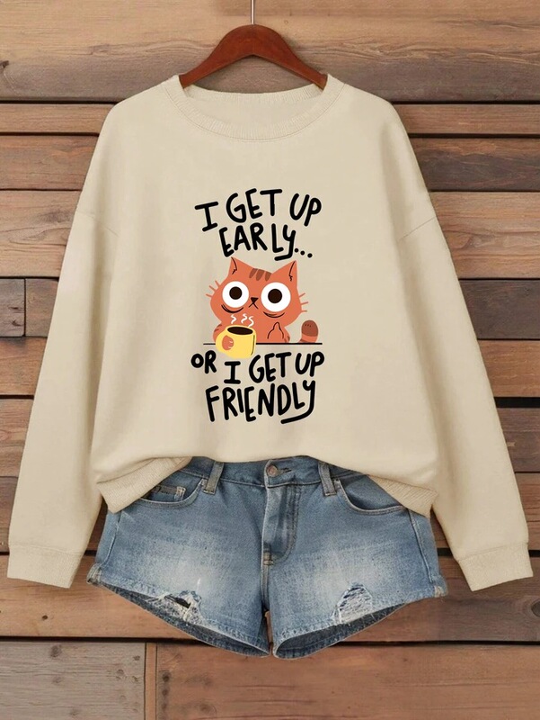 Early Friendly Coffee Cat Print Women's Sweatshirt Autumn Hip-Hop Pullover Jogger Y2K Outfit Loose Fit