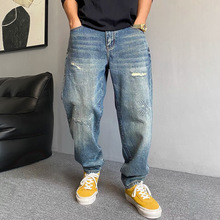 美式复古破洞牛仔裤男潮牌宽松夏季胖子加肥加大码休闲百搭直筒裤