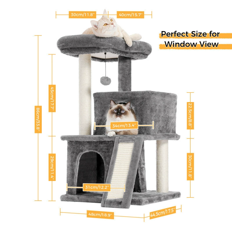 Multi‑level cat tree, plush cozy condo with scratching posts and hanging toys, multiple color codes