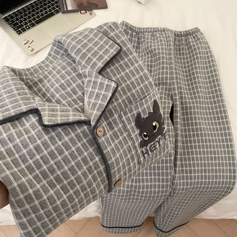 Double-Sided Velvet Pajamas Men's Long-Sleeved Autumn and Winter Thickeneded Casual Plaid Cardigan Large Size Home Clothes Set Can Be Worn Outside
