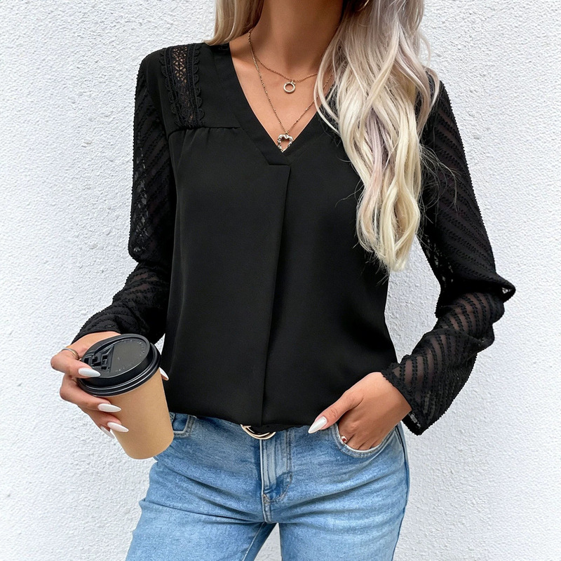 European and American style women's V-neck patchwork lace long-sleeve shirt, elegant solid color, suitable for spring and autumn, a versatile base layer for work European and American style women's V-neck patchwork lace long-sleeve shirt, elegant solid color, suitable for spring and autumn, a versatile base layer for work