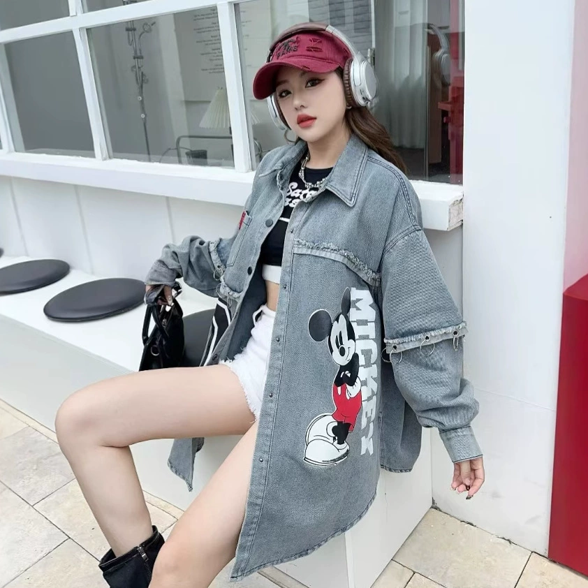 Spring cartoon shirt for leisure, long-sleeve, jacket, Korean style, with embroidery