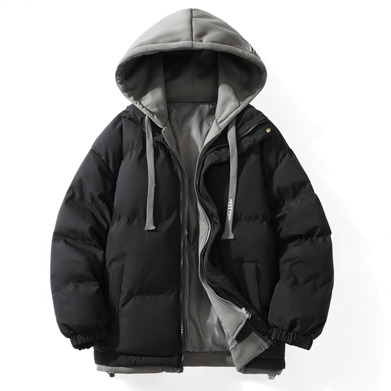 同舟保罗秋冬季男士羽绒棉衣假两件连帽情侣棉服潮牌加厚宽松外套