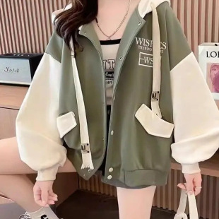 Autumn and Winter fleece-lined Cardigan Baseball Suit Jacket Women's Loose plus size Women's Mid-length Autumn Contrast Color Hooded Sweater