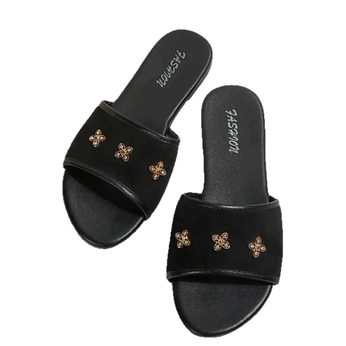 Sandalias Planas con Decoración Metálica, Tejido de Punto y Caucho, Suela Plana, para Uso Casual