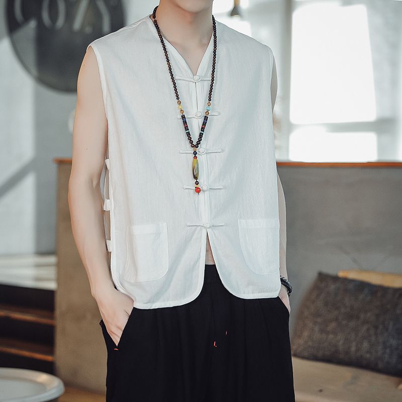 Verano estilo chino Chaleco de los hombres chaleco Lino estilo retro hanfu estilo chino hebilla con cuello en V chaleco algodón Lino Tang traje hombres image 3