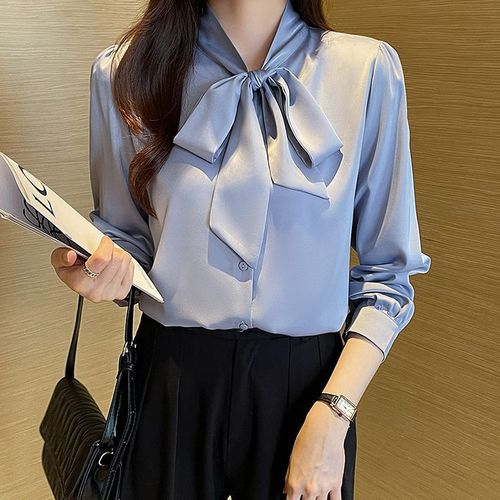 Autumn White Long-Sleeve Chiffon Shirt for Women with Flowing Hem, Korean Style Blouse with Belted Top, Gentle Wind Quality, Wearable as an Outer Shirt