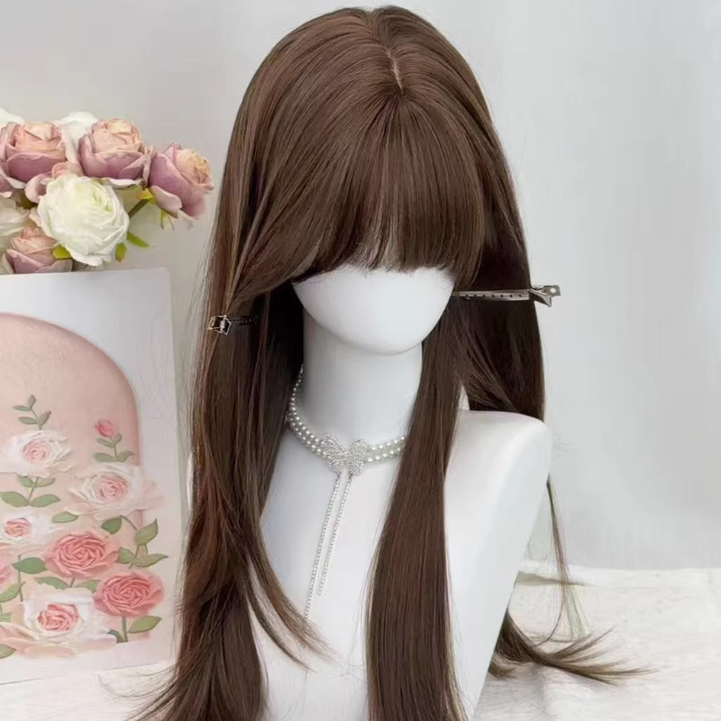 【Small Face Tea Brown】Koni Damenperücke in kühlem Braun, lange glatte Haare mit Pony, Vollkopfperücke empfohlen