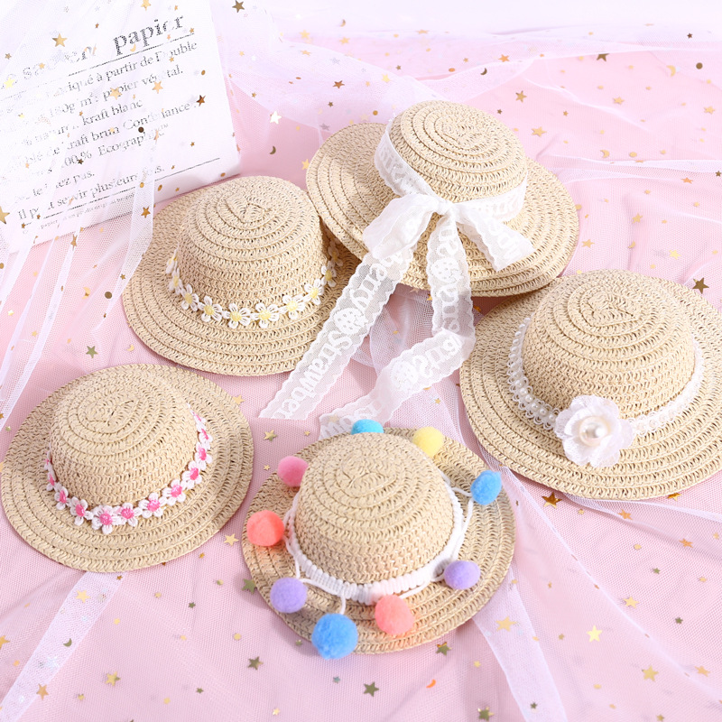 Mascota tejida ajustable perla flor encaje arco Daisy Ball gato perro red sombrilla sombrero de paja