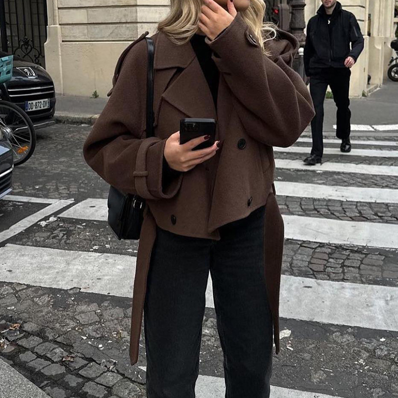 2025 Autumn and Winter European and American Cross-Border Women's Woolen Outwears, Comfortable and Comfortable Suit Collar Lace-Up Long-Sleeved Jackets for Women