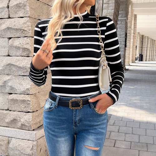 European and American TEMU semi-high-collar stripe slim all-match long-sleeved women's t-shirts are selling well