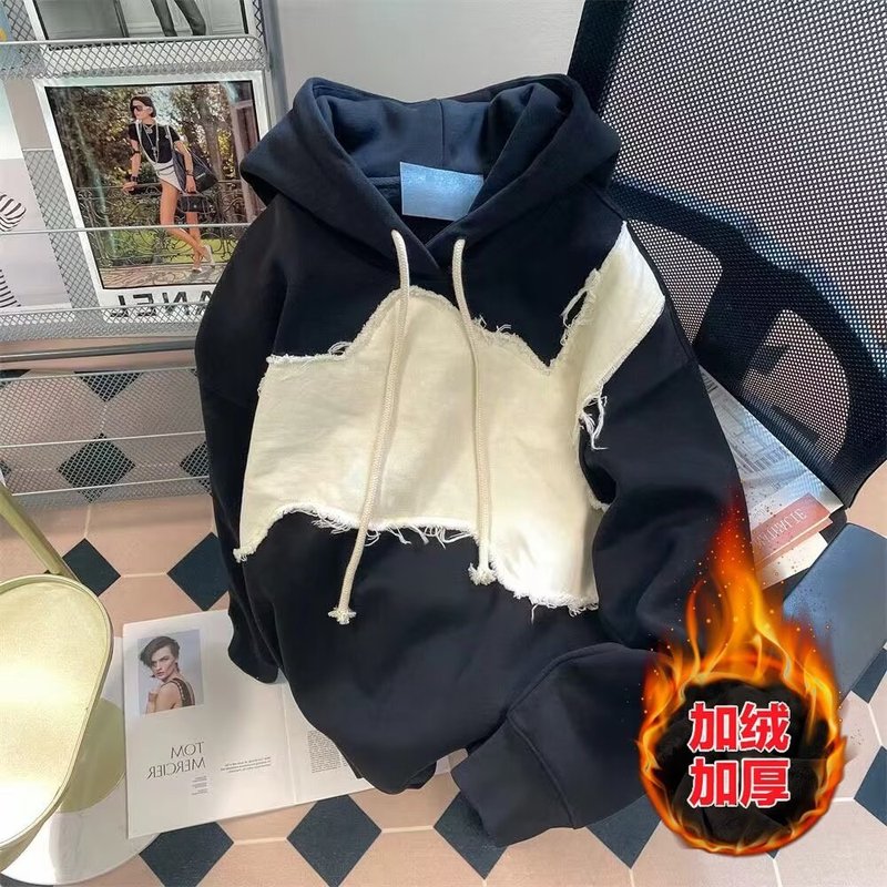 跨境韩版拼接设计感卫衣男百搭宽松连帽外套男小众懒风套头卫衣男|undefined