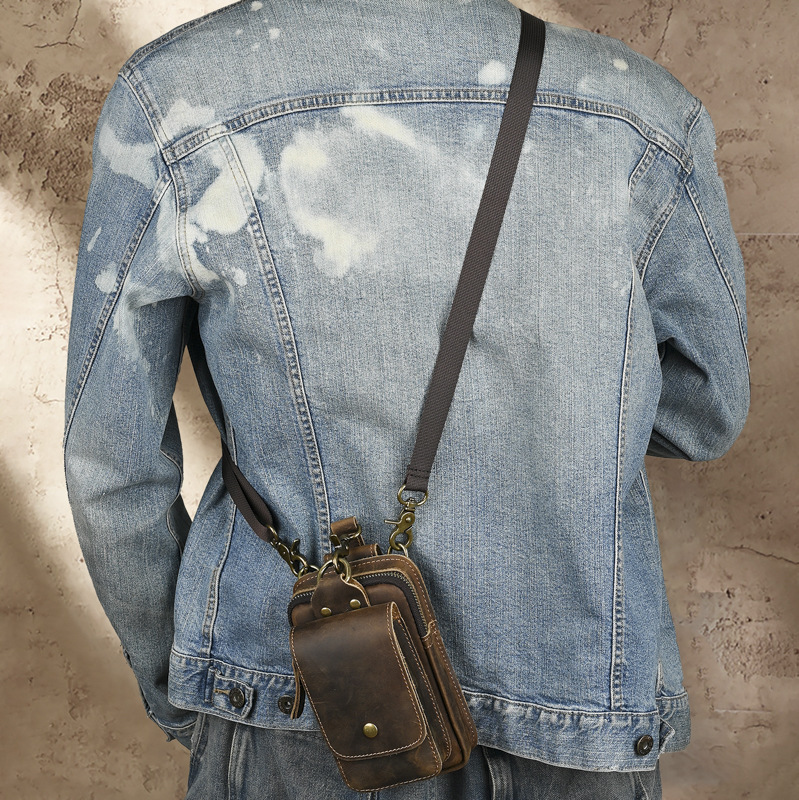 Cross-border Genuine Leather Men's Waist Bag Top Layer Cowhide Outdoor Backpack Crazy Horse Leather Belt Mobile Phone Bag