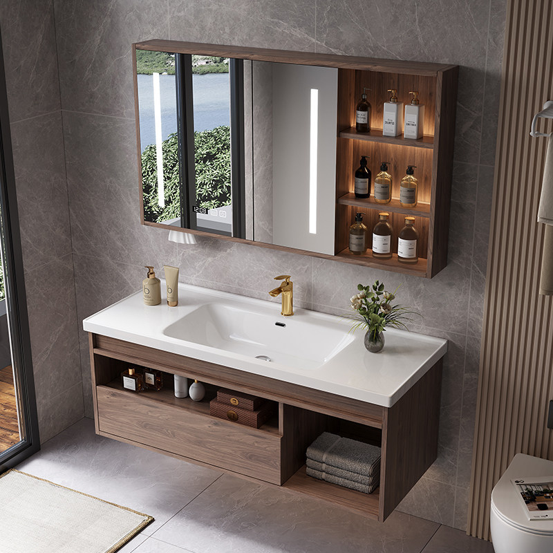 Minimalist Black Walnut Bathroom Cabinet Set with Integrated Ceramic Washbasin Sink Minimalist Black Walnut Bathroom Cabinet Set with Integrated Ceramic Washbasin Sink