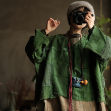 原创女装文艺复古拼布落拓风水洗棉麻V领毛边宽松小衫T恤女2182