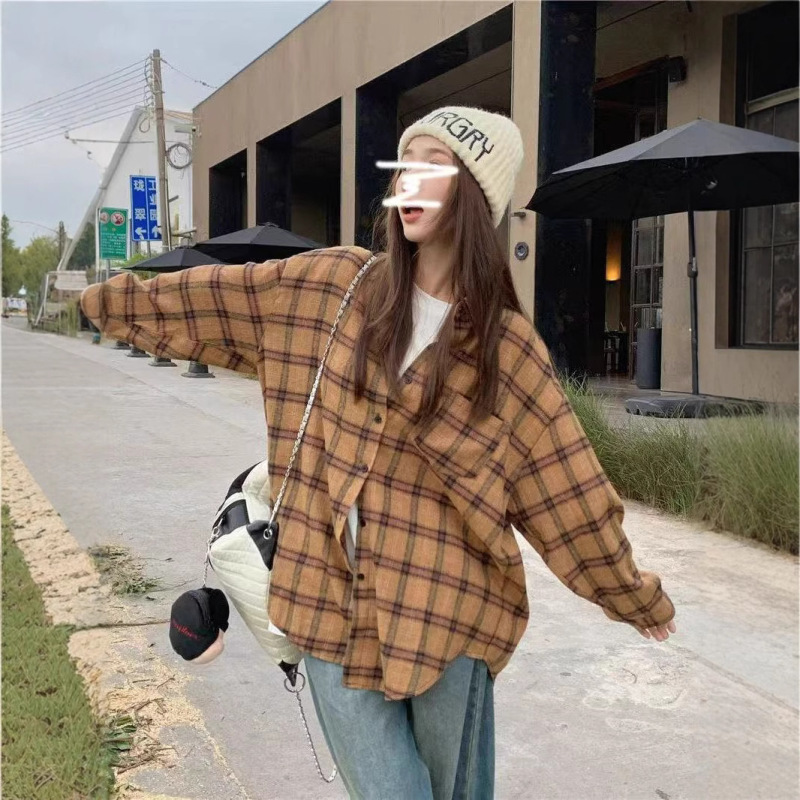 Korean-style Retro Hong Kong-style Yellow Plaid Shirt Jacket Women's Loose All-match Fashionable Brand Harajuku High-end Couple's Top