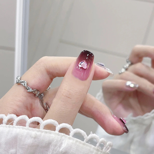 Sweetheart Grid Gradient Spicy Girl Mirror Drill Embedded Nail Silver Gray Metal Texture Diamond Stack Nail Wearable Nail Artificial Nail