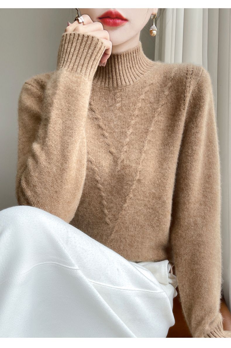 【 Cashmere Family 】 Halbhoher, kurzer, lockerer und dicker Jacquard-Strickpullover für Damen mit Wollunterseite, Innenschicht_voghion.com