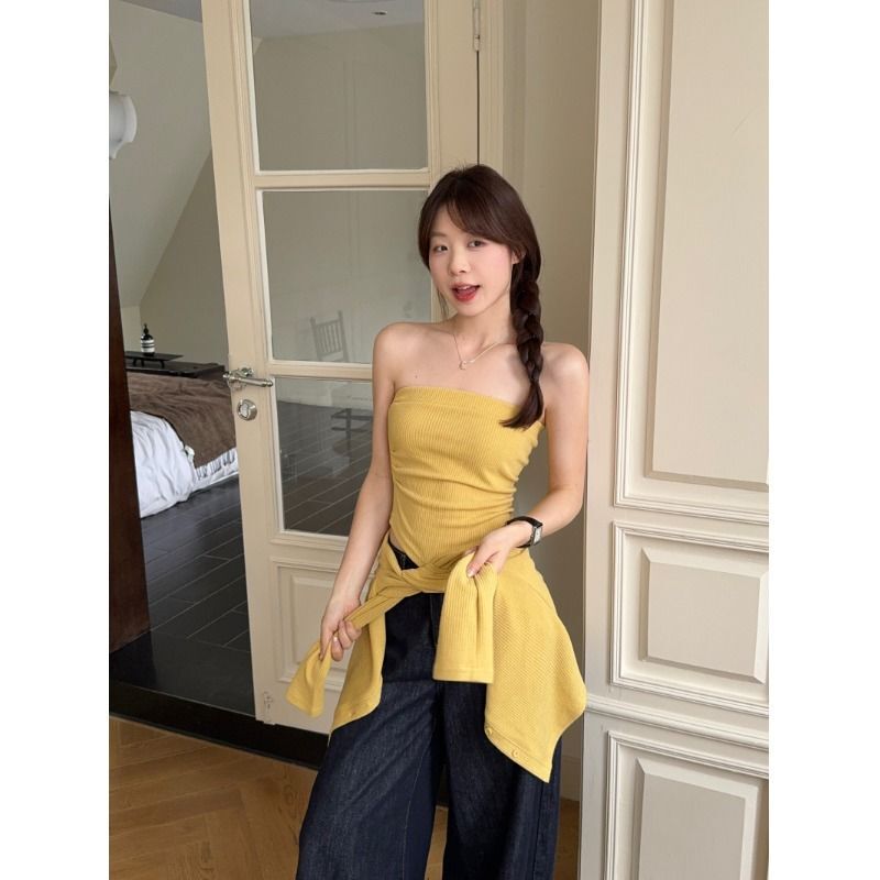 韩系黄色针织小开衫女春季抹胸背心两件套小个子短款外套披肩笙陇|undefined
