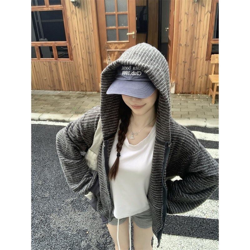 实拍 秋季美式复古慵懒风宽松条纹开衫连帽卫衣女长袖外套潮88239|undefined