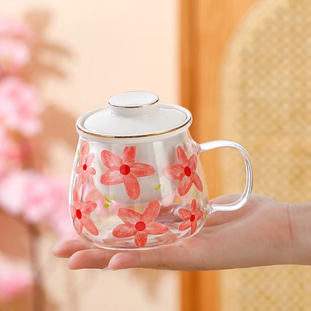 Corazón de niña creativa flor taza de té de vidrio de alto valor personal regalo de oficina taza de agua simple taza roja en línea