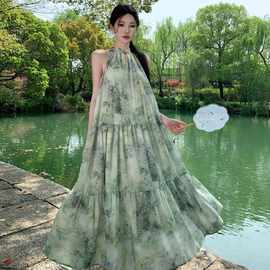 Women's Dresses 2024新款绿色碎花一枝春新中式国风挂脖连衣裙女