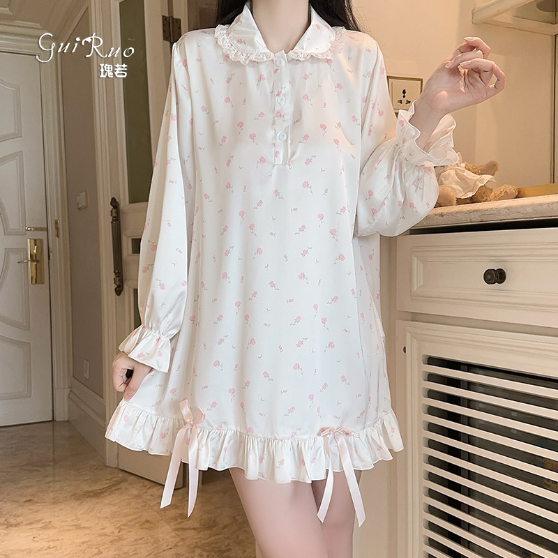 DZ瑰若夏季缎面碎花开襟纽扣蕾丝花边娃娃领睡裙家居服套装XK5637|undefined