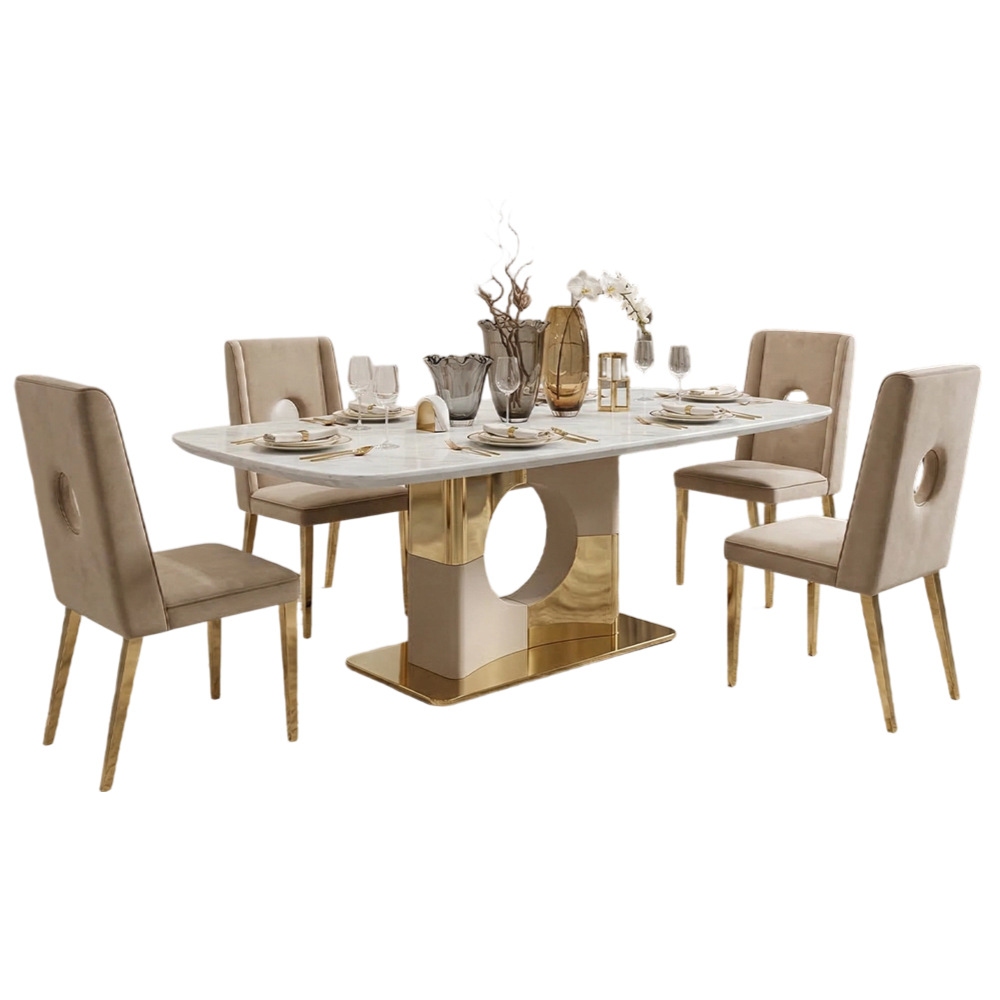 Mesa de Comedor Rectangular de Mármol Artificial y Metal, Personalizable, para Restaurante